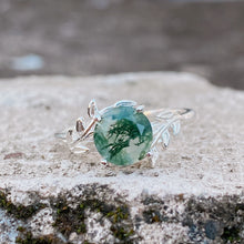 Moss Agate Ring Tree Leaves Band