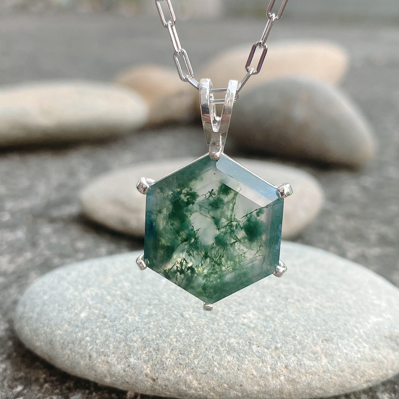 Moss Agate Necklace Large Pendant