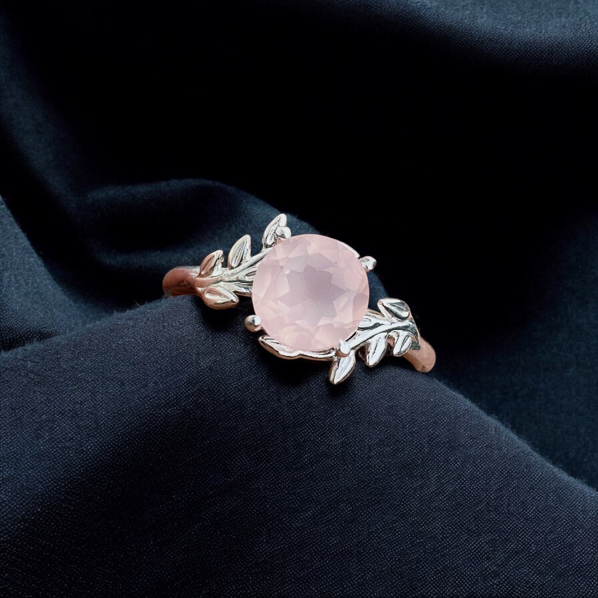 Rose Quartz Ring Tree Leaves Band