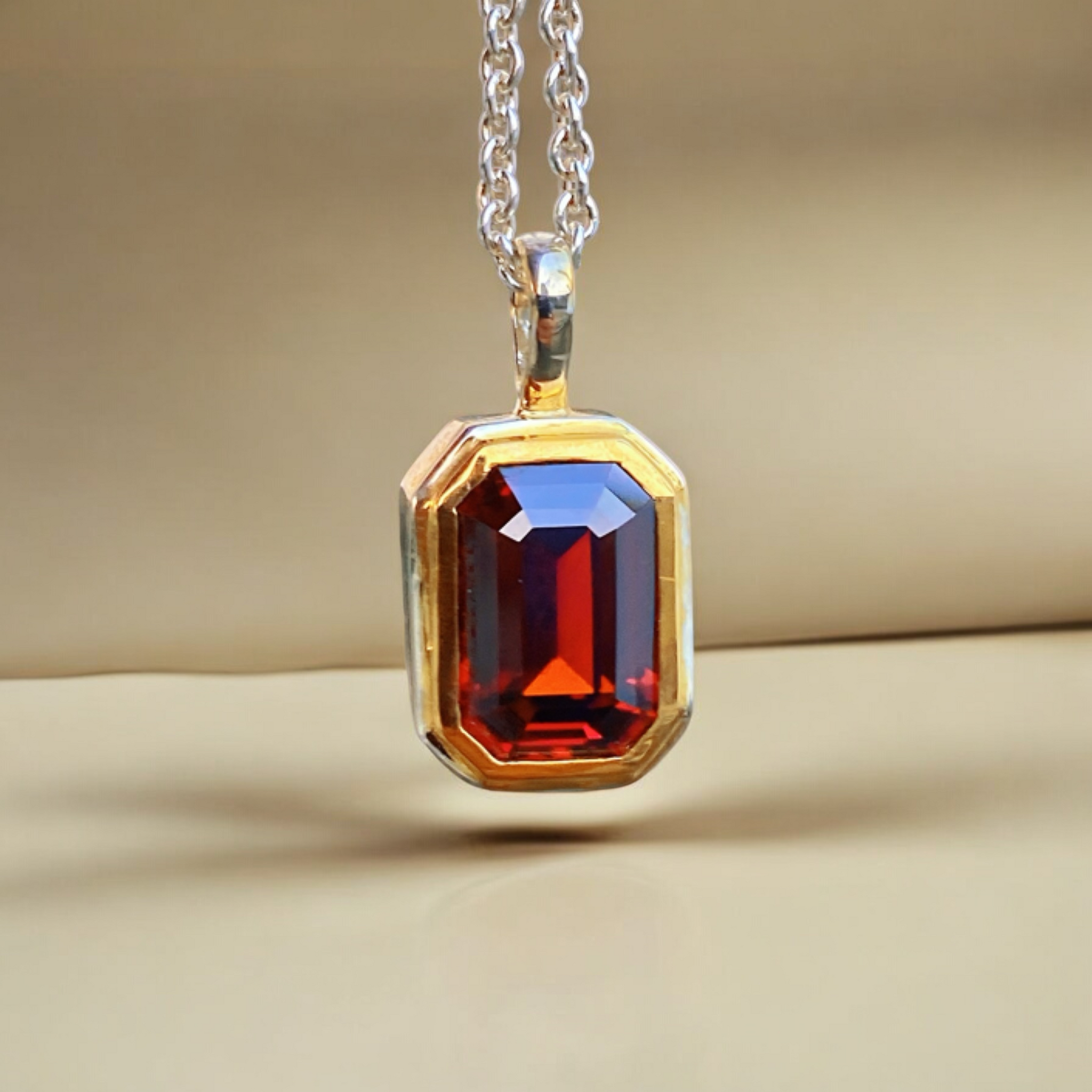 Garnet Necklace Emerald Cut 14k Gold Bezel