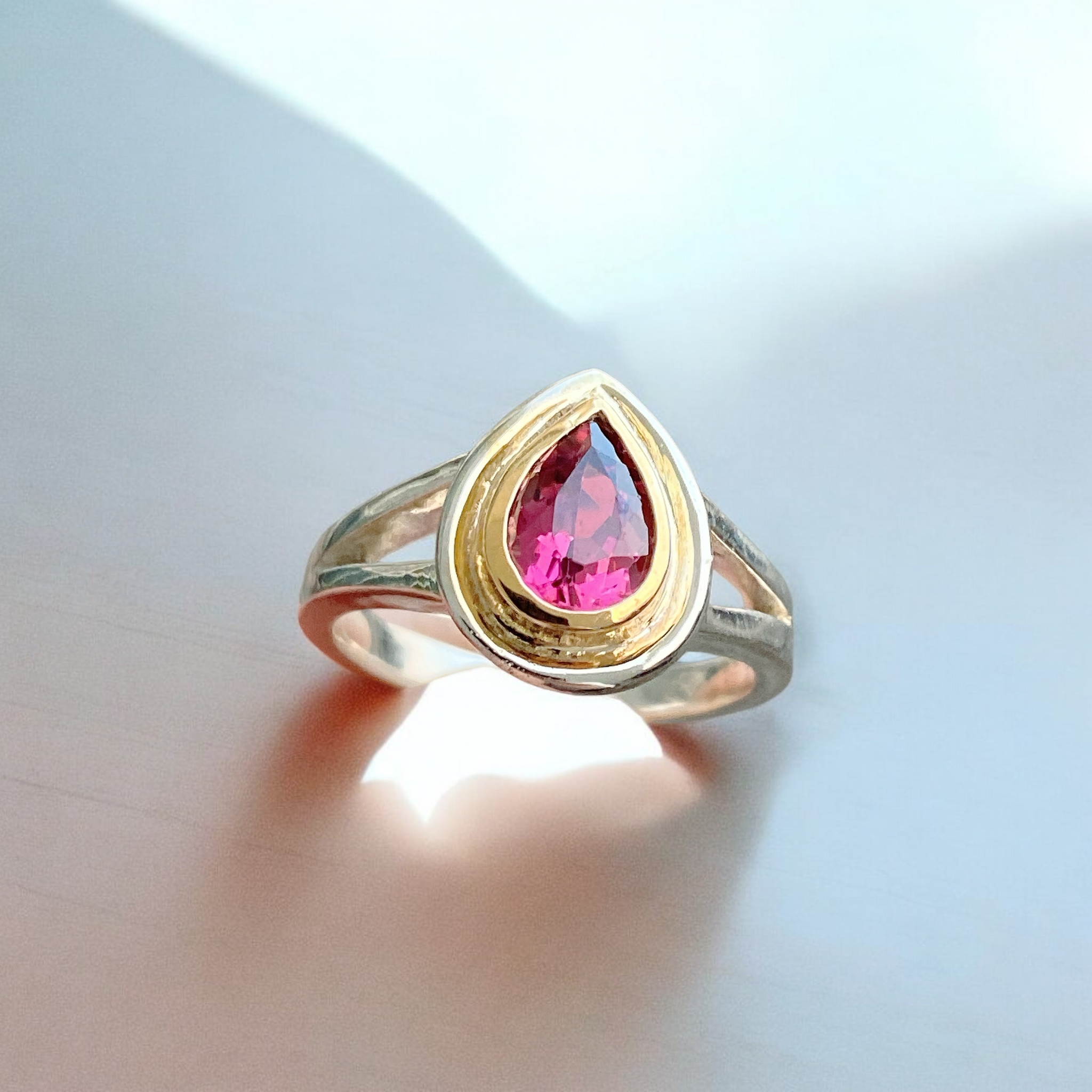 Pink Tourmaline Ring 14K Gold and S925 Silver Bezel