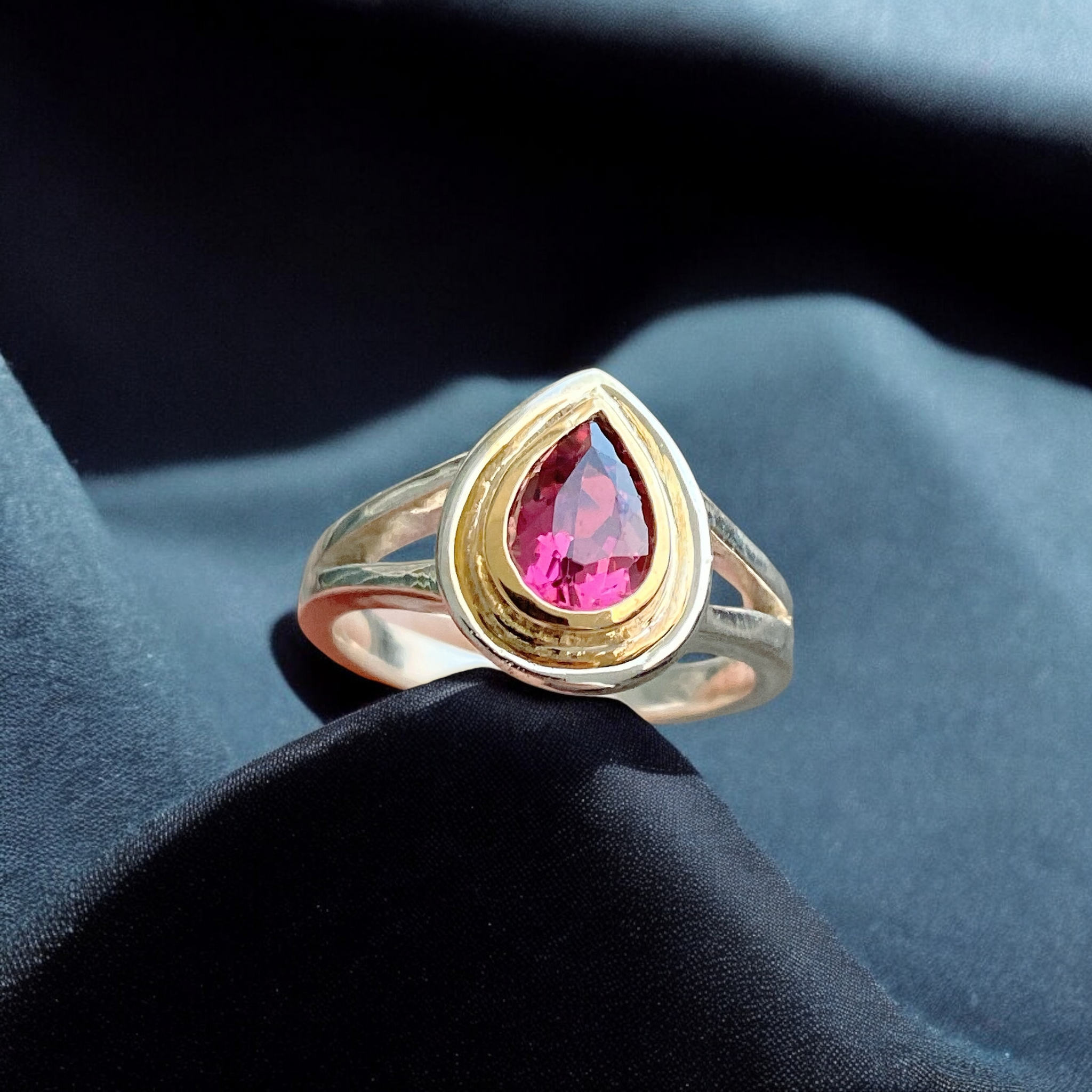 Pink Tourmaline Ring 14K Gold and S925 Silver Bezel