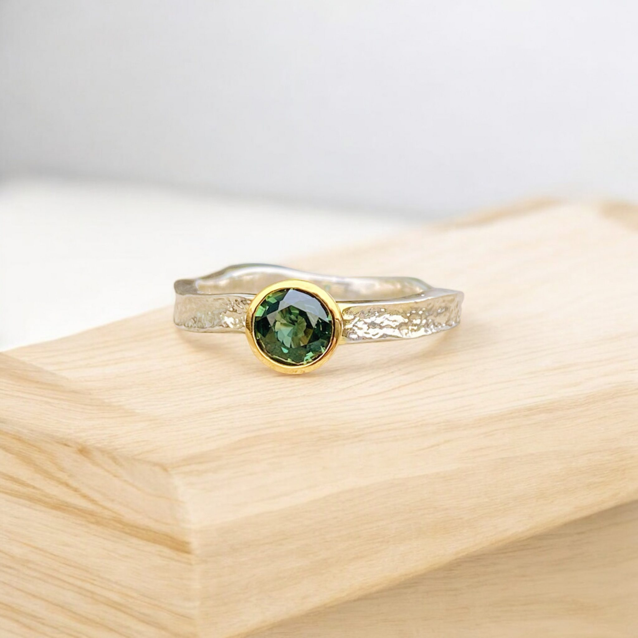 Green Sapphire Ring 10K Gold Bezel