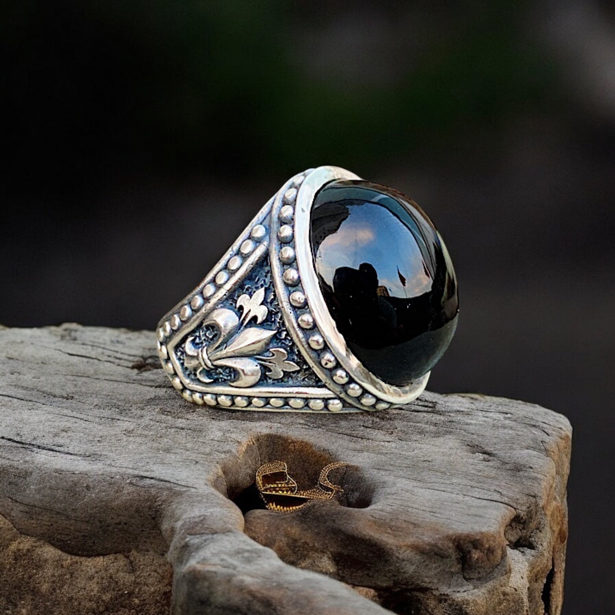 Men Black Onyx Ring, Sterling Silver Gothic Iris Band