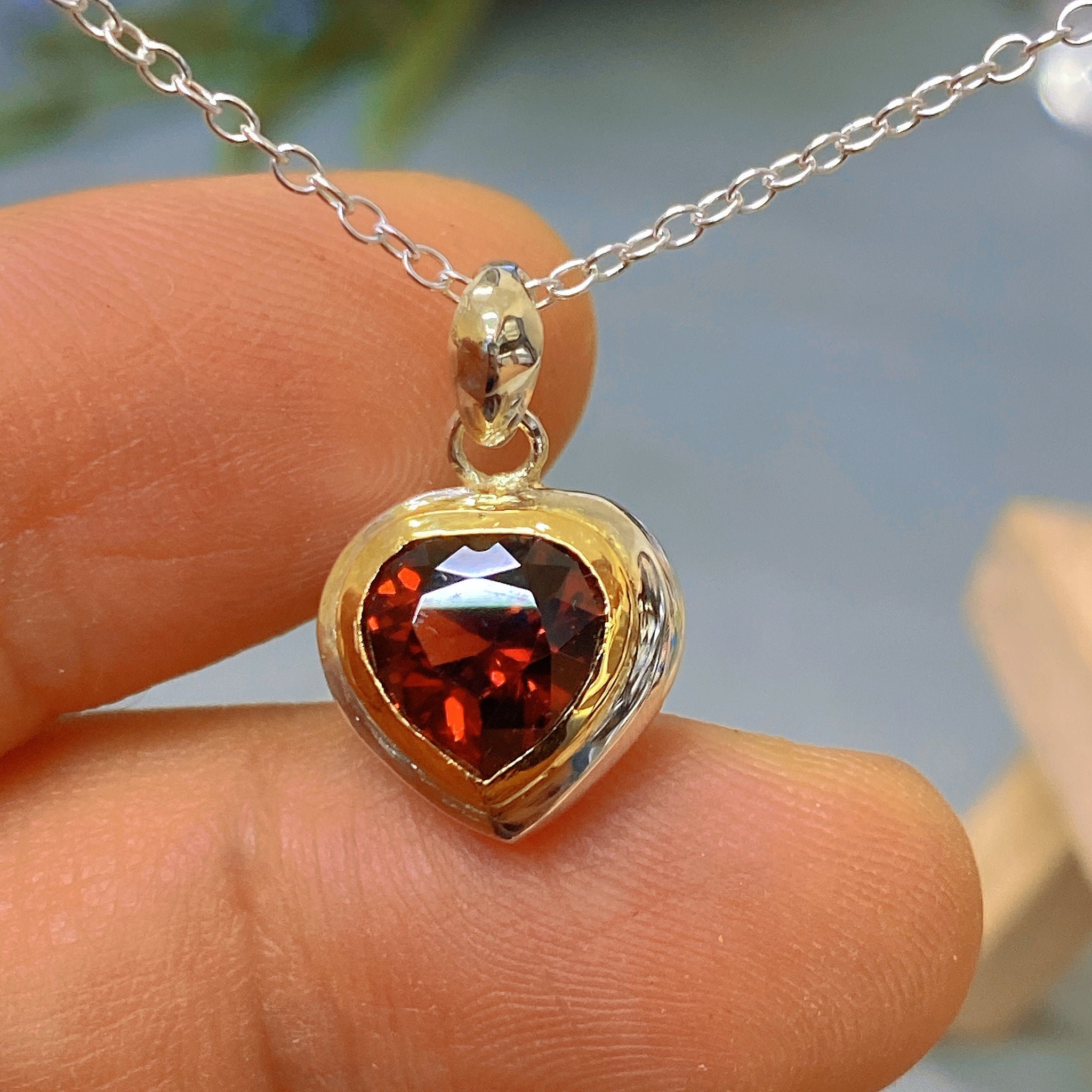 Heart Garnet Necklace 14K Gold Bezel