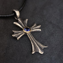 Cross Necklace Sapphire 14K Gold Bezel