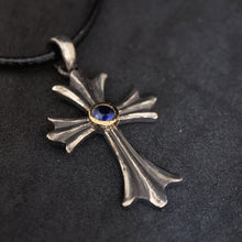 Cross Necklace Sapphire 14K Gold Bezel