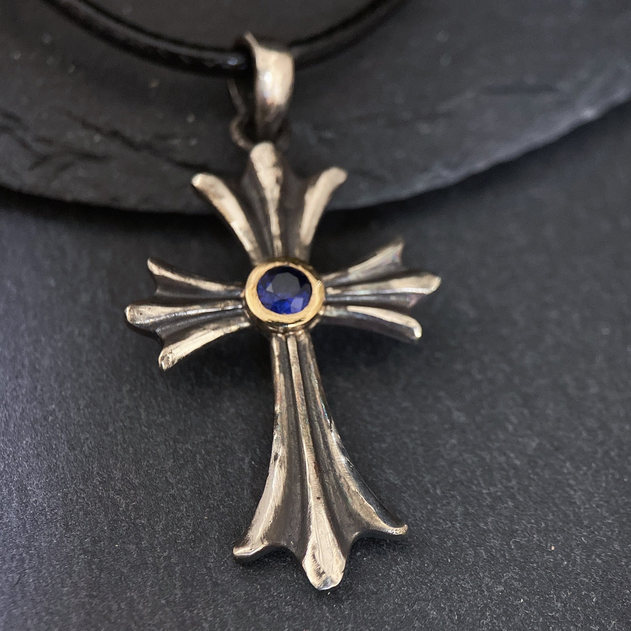 Cross Necklace Sapphire 14K Gold Bezel