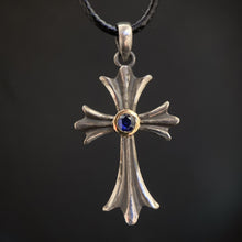 Cross Necklace Sapphire 14K Gold Bezel