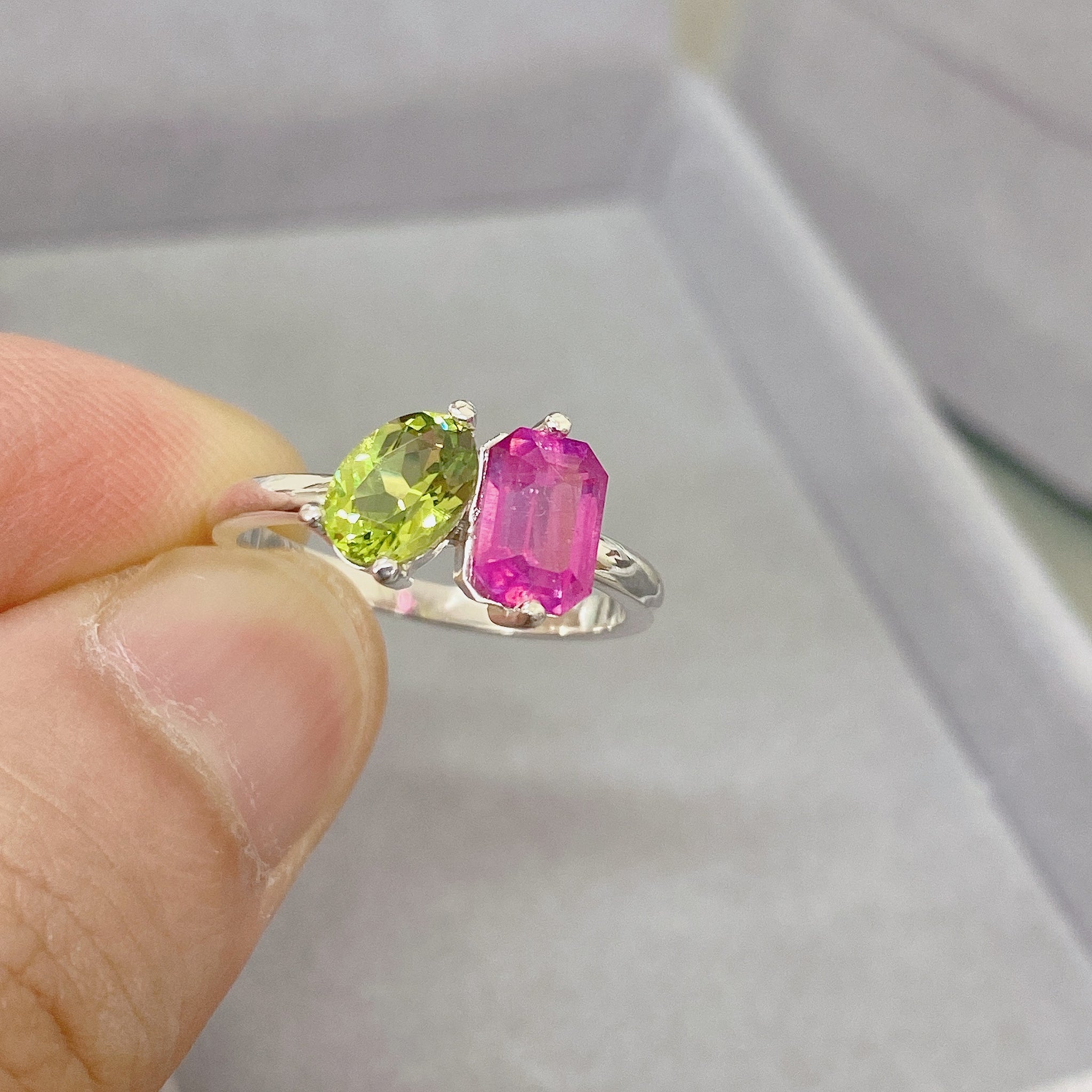 Two Stone Ring, Natural Ruby and Peridot Stone