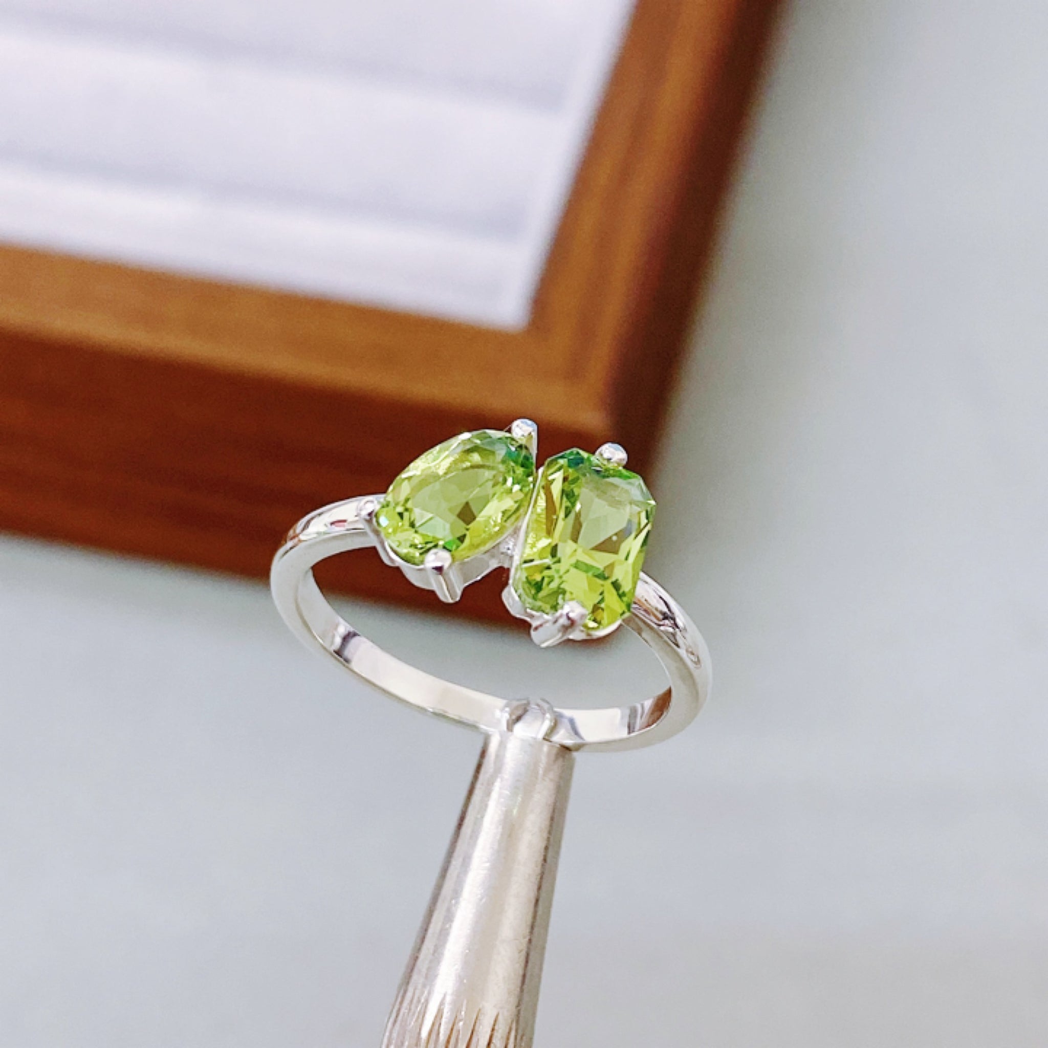 Two Stone Ring, Natural Peridot Stone