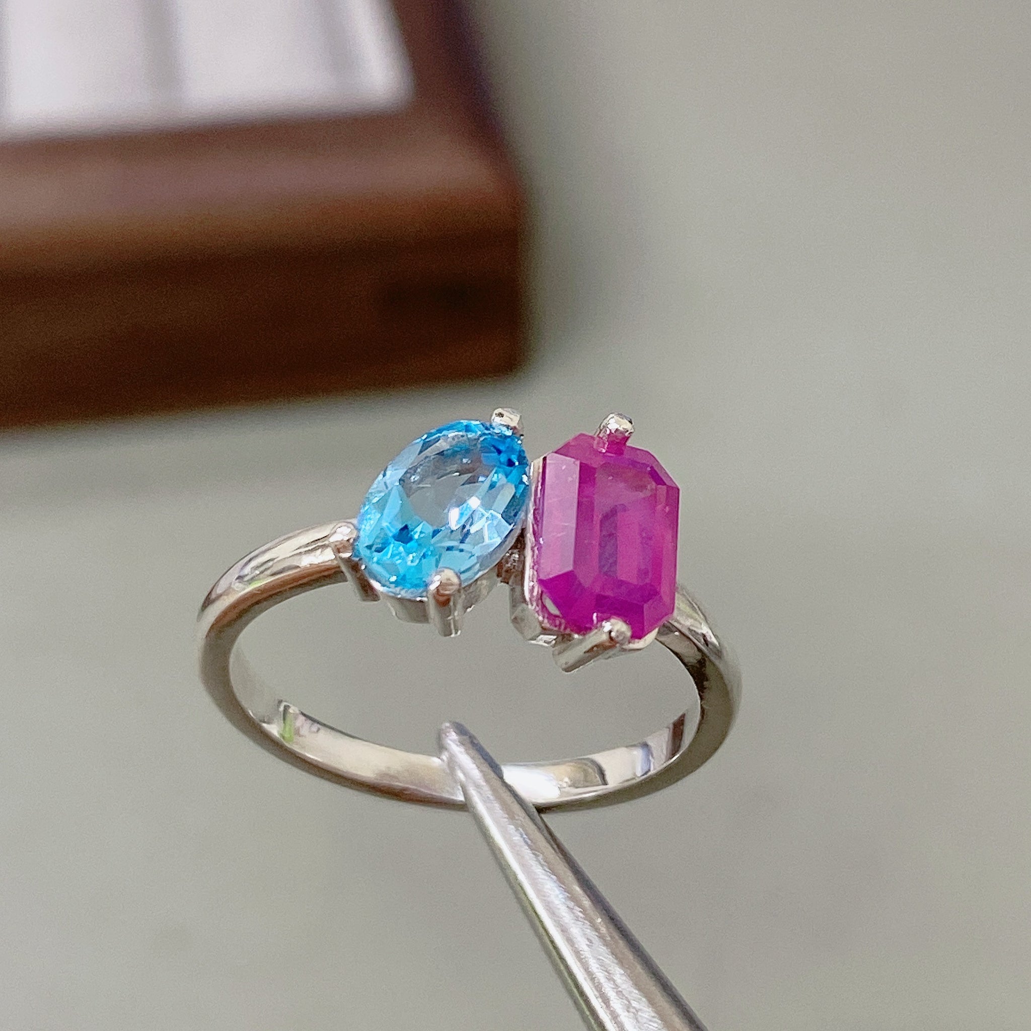 Two Stone Ring, Natural Ruby and Swiss Topaz