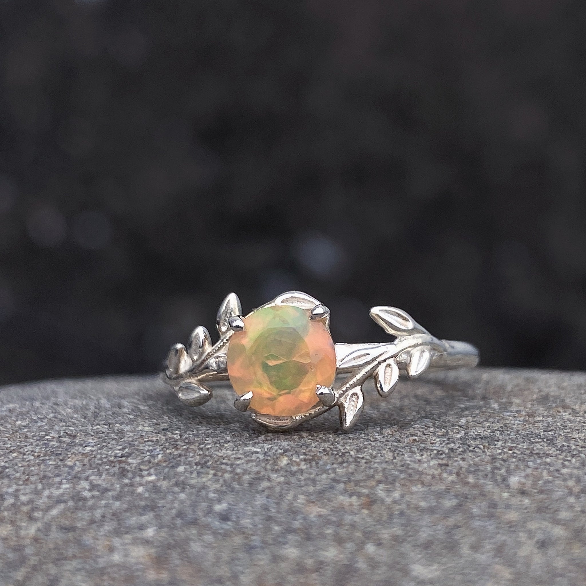 Fire Opal Ring Tree Leaves Band