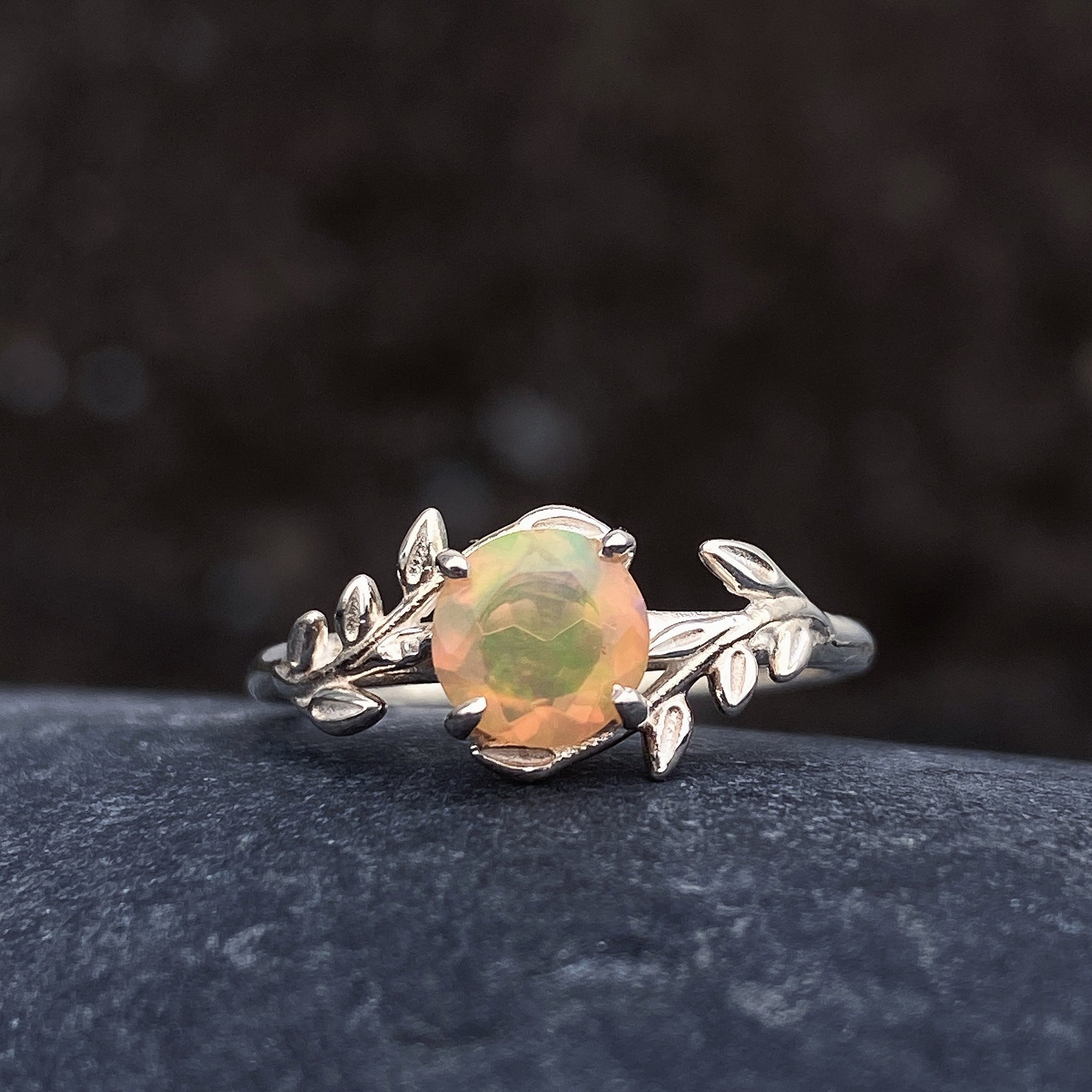 Fire Opal Ring Tree Leaves Band