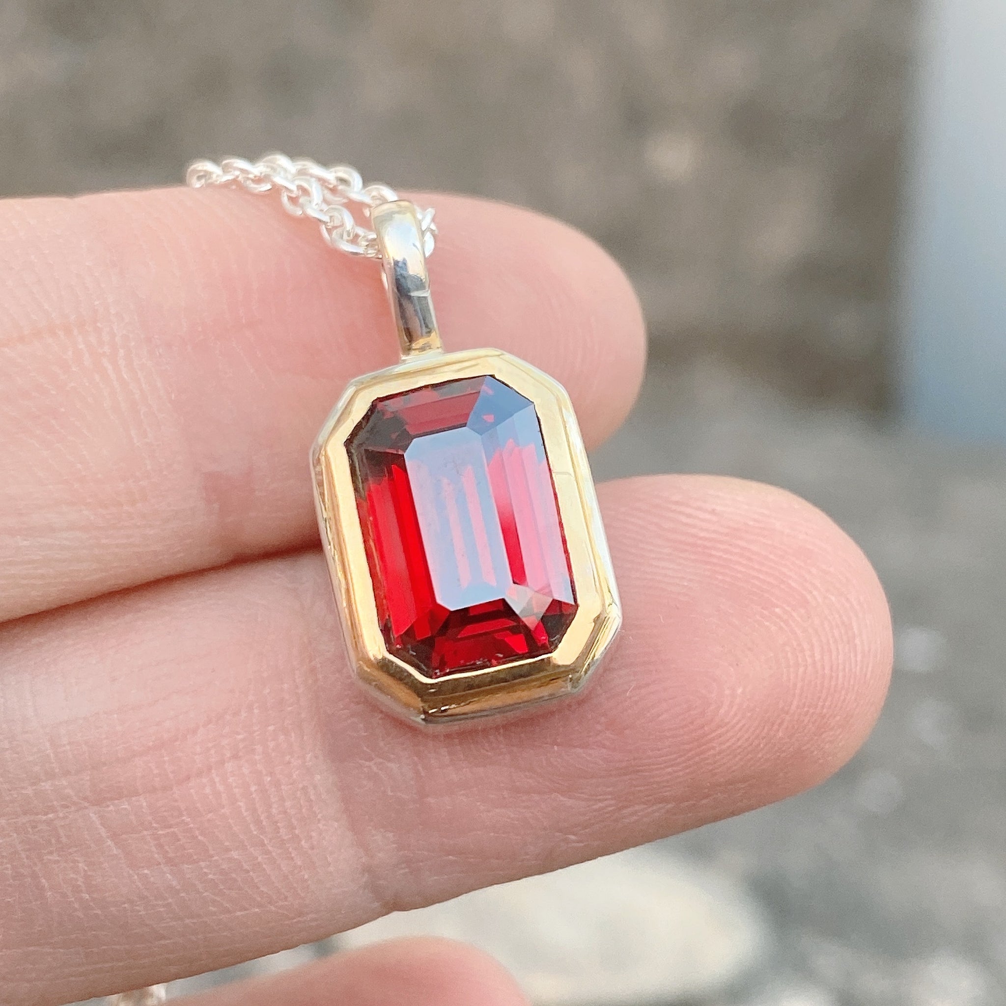 Garnet Necklace Emerald Cut 14k Gold Bezel