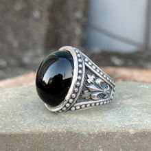 Men Black Onyx Ring, Sterling Silver Gothic Iris Band