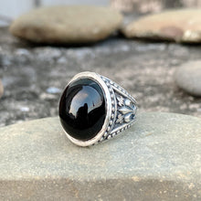 Men Black Onyx Ring, Sterling Silver Gothic Iris Band