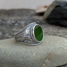 Russian Nephrite Signet Ring for Men,Acanthus Leaf Band Design