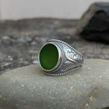 Russian Nephrite Signet Ring for Men,Acanthus Leaf Band Design