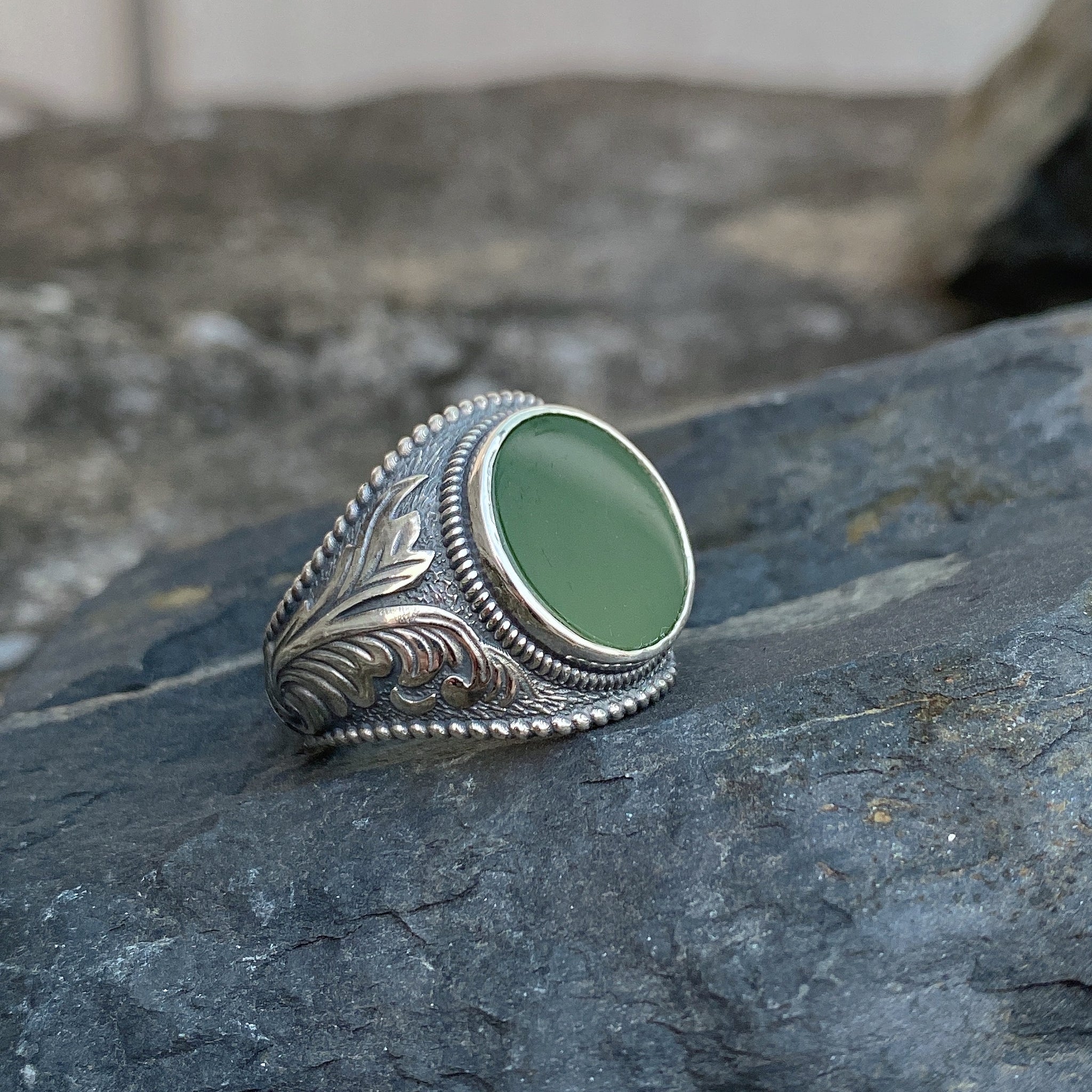 Russian Nephrite Signet Ring for Men,Acanthus Leaf Band Design