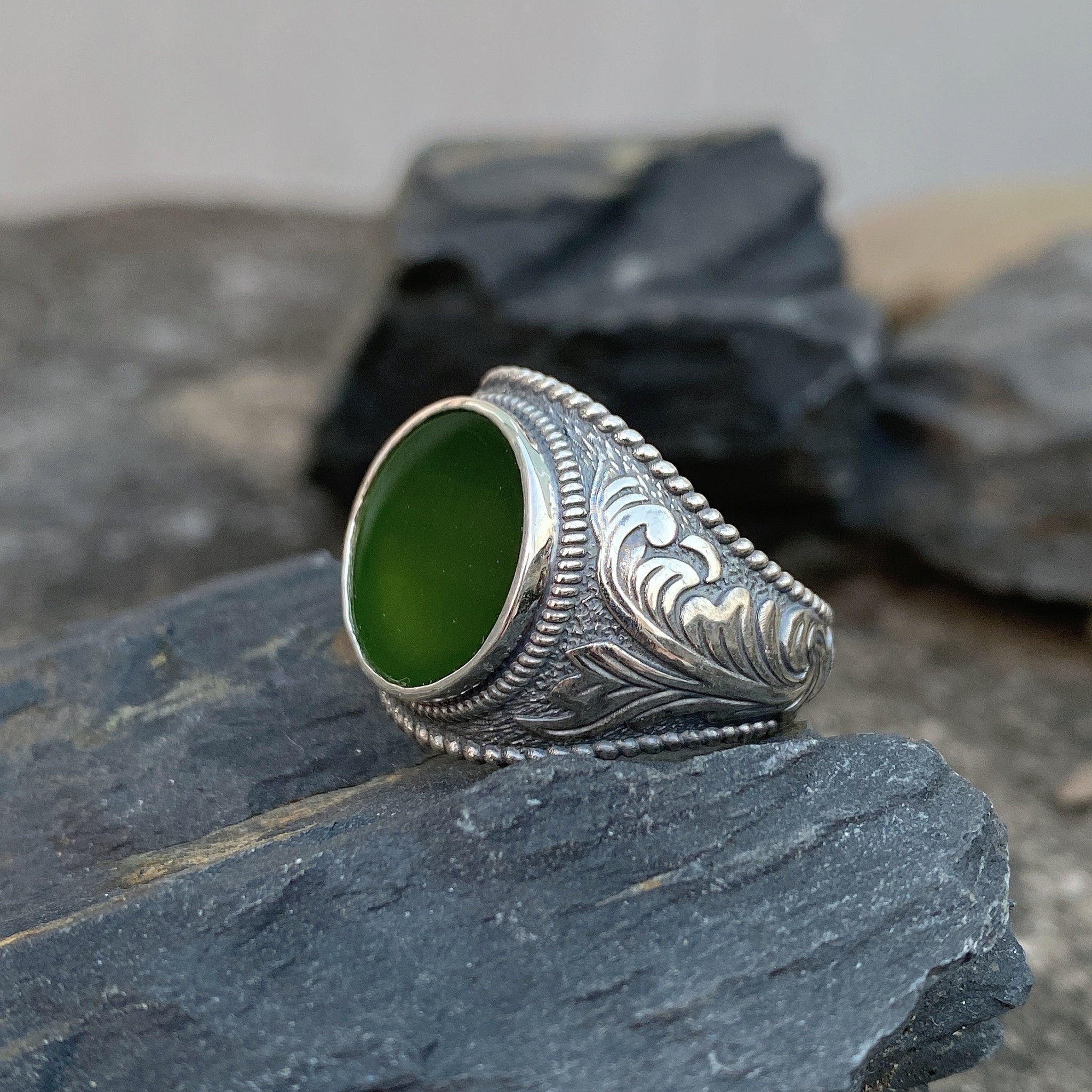 Russian Nephrite Signet Ring for Men,Acanthus Leaf Band Design